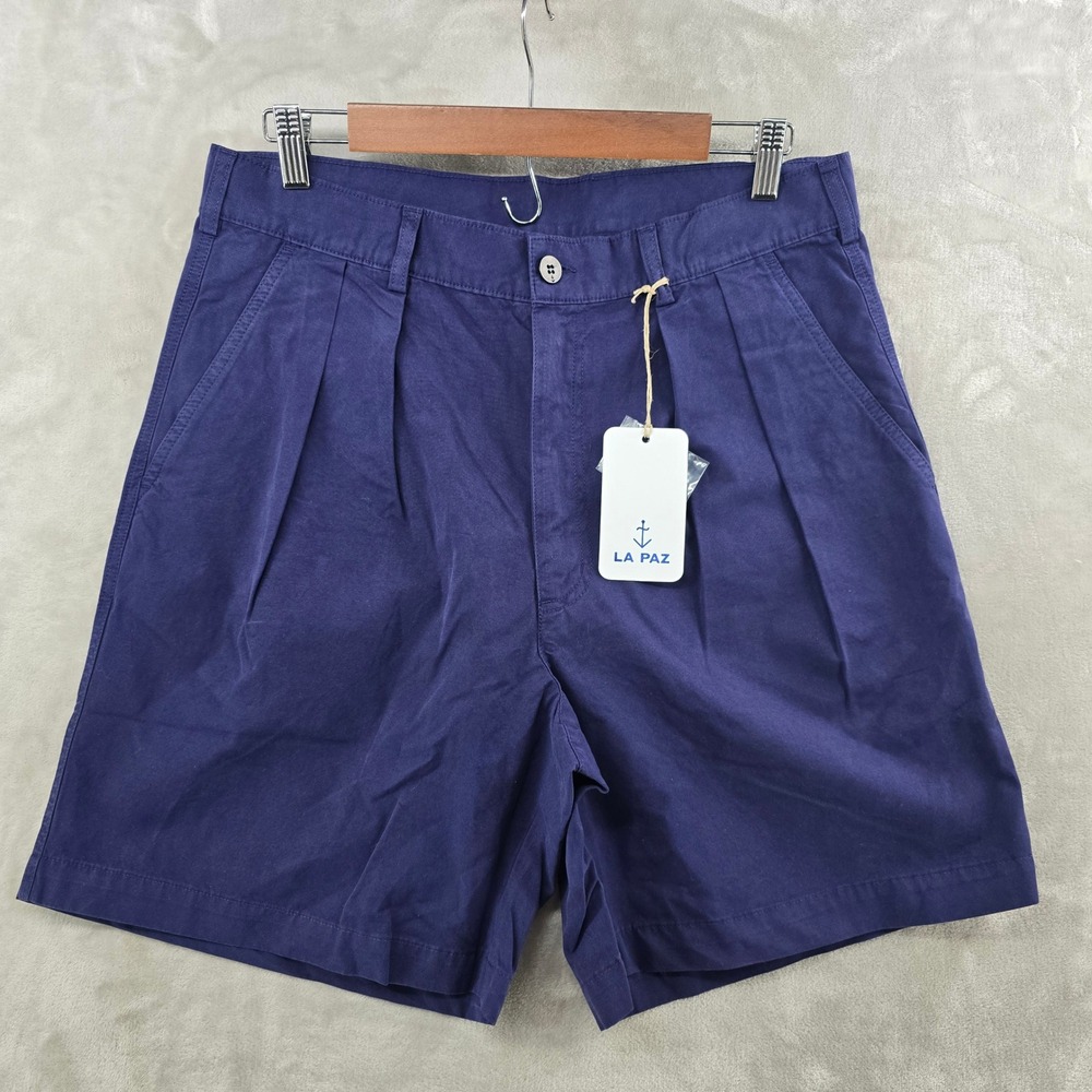 La Paz Mens Large Lapa Double Pleated Canvas Shorts Navy Blue Portugal